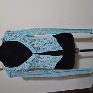 Crochet Ruffle Cardigan Sweater Size Sm Petite Long Sleeve Teal Hook Closure